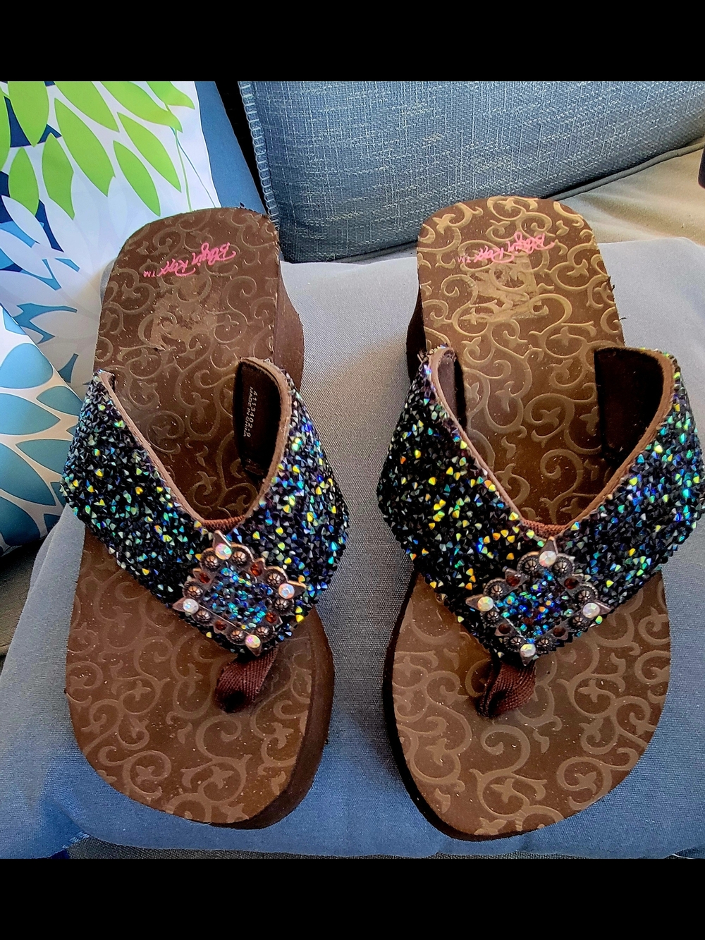 Blazin Roxx Brown Beaded Flip Flop Sandals with Multicolor Gems